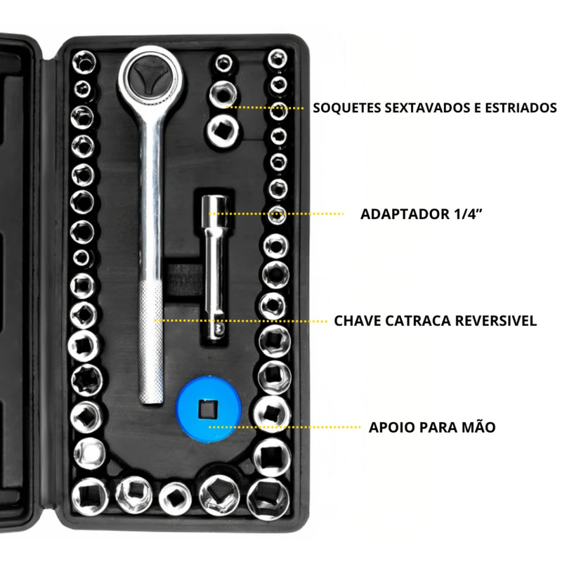 Kit completo 40 peças com chave 'CATRACA' e soquetes