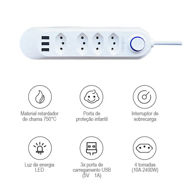 Tomada tipo RÉGUA Torre com 4 entradas de 10A + 3 entradas USB para carregar eletrônicos