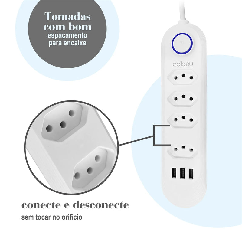 Tomada tipo RÉGUA Torre com 4 entradas de 10A + 3 entradas USB para carregar eletrônicos