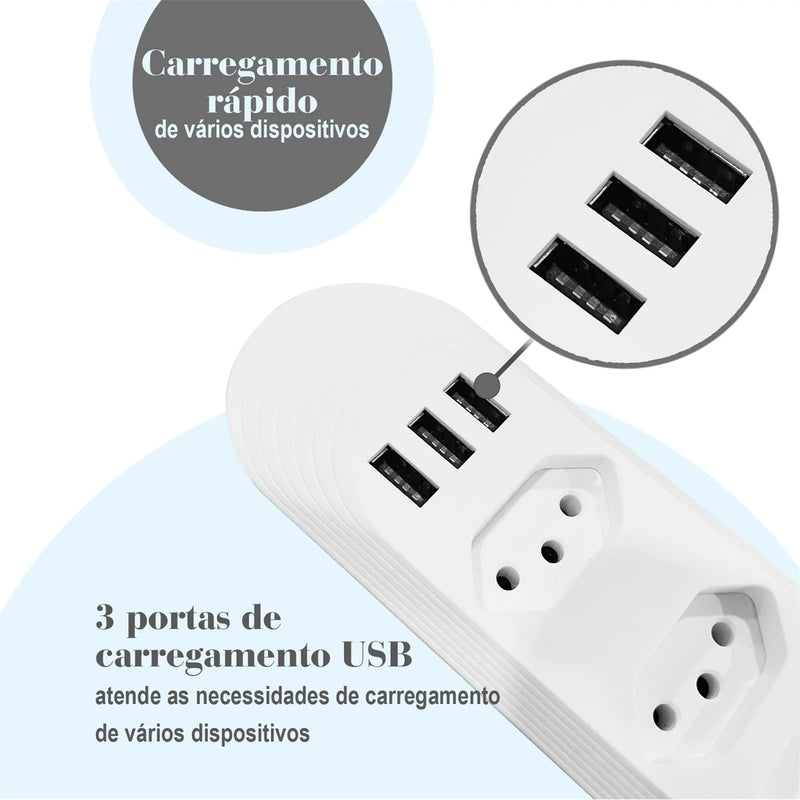 Tomada tipo RÉGUA Torre com 4 entradas de 10A + 3 entradas USB para carregar eletrônicos