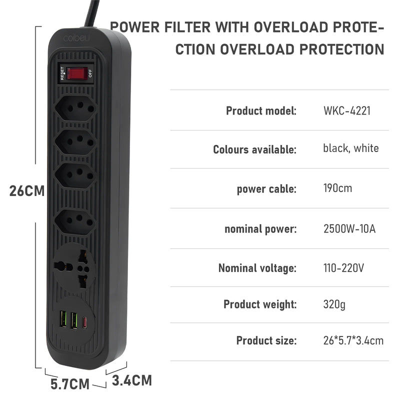 Extension Outlet, Line Filter, Power Extension, USB Socket, Plug, Water Plug, Brazil Line Filter, 100-220V,10A